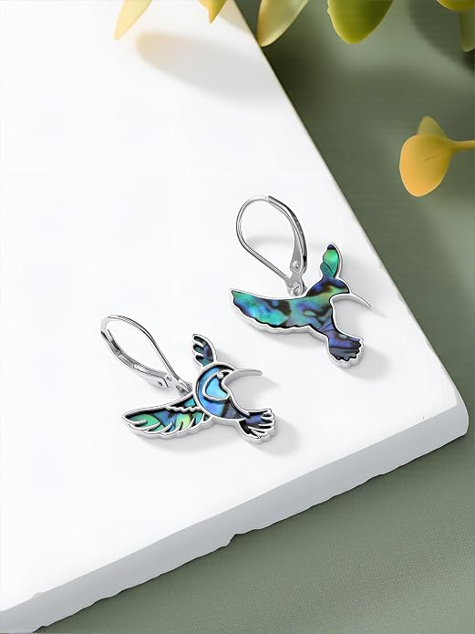 Hummingbird Earrings 925 Sterling Silver Abalone Shell Bird Dangle Earrings Hummingbird Jewelry Gifts for Women