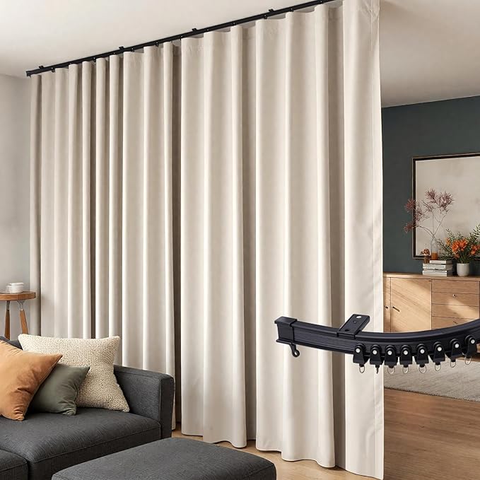 Room Divider Curtains Flexible Ceiling Tracks Set Curtain Track Ceiling Mount Blackout Curtain for Living Room Bedroom Ceiling Curtain Rod Privacy Dividers Panels W150 x H96 Beige Drape & Black Rail