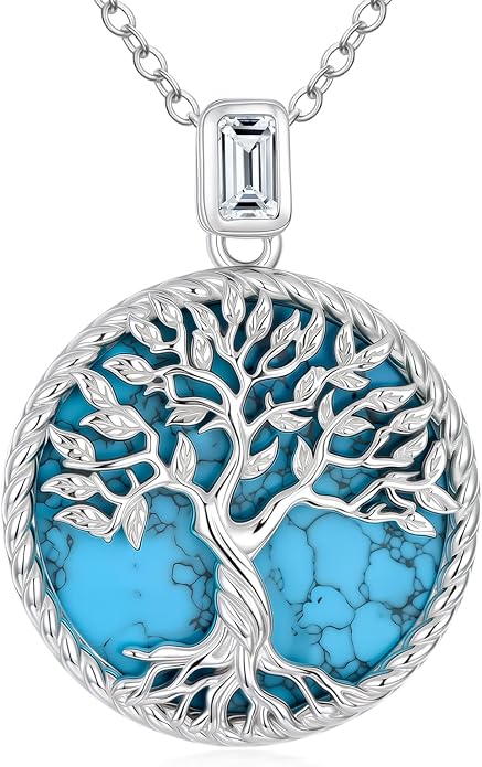 Tree of Life Moissanite Necklace, 925 Sterling Silver 0.5 Carat Moissanite Abalone Shell/Opal/Black Onyx/Turquoise/Malachite/Tiger Eye Stone Tree of Life Pendant Necklaces Jewelry Gift for Women Mom