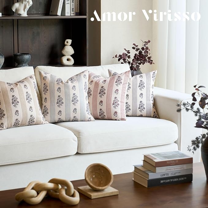 Amor Virisso Floral Throw Pillow Covers 24x24 Set of 2 Block Print Pillow Covers Neutral Floral Striped Farmhouse Decorative Pillow Covers for Sofa Couch Bed, Light Taupe