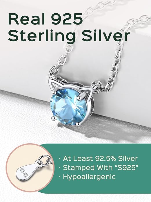 ChicSilver Bow and Cat Birthstone Necklace, 925 Sterling Silver Pendant Necklaces for Women, Hypoallergenic Silver Choker with 16 inch Rolo Chain, 12 Months Jewelry for Valentines Mothers Day Christmas