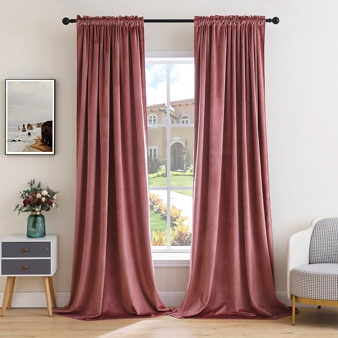 MIULEE Dusty Rose Pink Blackout Velvet Curtains Drapes 90 Inch Long 52"x90" | Luxurious Bedroom Living Room Decor, Room Darkening, Thermal Insulated, Rod Pocket Design, Super Soft Fabric