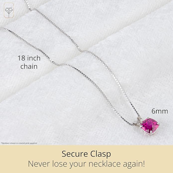 MAX + STONE 925 Sterling Silver Cushion Cut Birthstone Necklace for Women | 6mm Hypoallergenic Solitaire Necklace | Gemstone Pendant Necklaces with 18 inch Box Chain