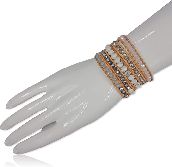 MGR MY GEMS ROCK! 35-Inch Long Multi-Layer Hand Crafted Gemstone and Crystal Multi-Stone Beaded on Genuine Leather Boho Style Stackable Super Wrap Bracelet, up to 5 Wraps.