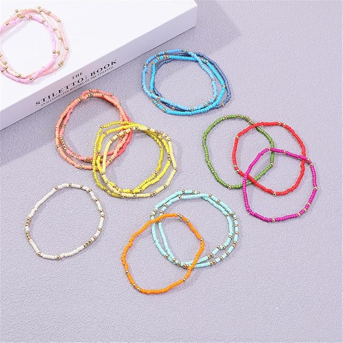Boho Stackable Seed Beaded Bracelets for Women 18-20Pcs Colorful Handmade Multilayered Rice Bead Bracelet Set Summer Beach Bohemian Jewelry Gift