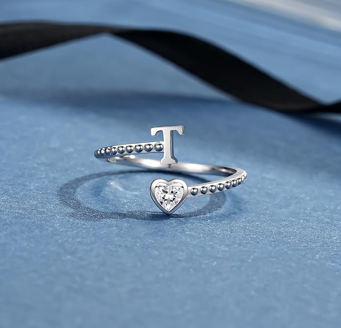 Step Forward 925 Sterling Silver Adjustable Initial Ring for Women | Non Tarnish Letter Rings for Lady | Alphabet Heart Thumb Rings | Capital Letter Jewelry Gifts