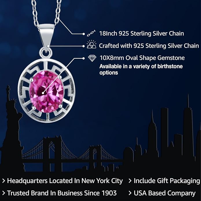 Gem Stone King 925 Sterling Silver 10X8MM Oval Gemstone Birthstone Necklace | Greek Key Pendant Necklace for Women | With 18 Inch Silver Chain