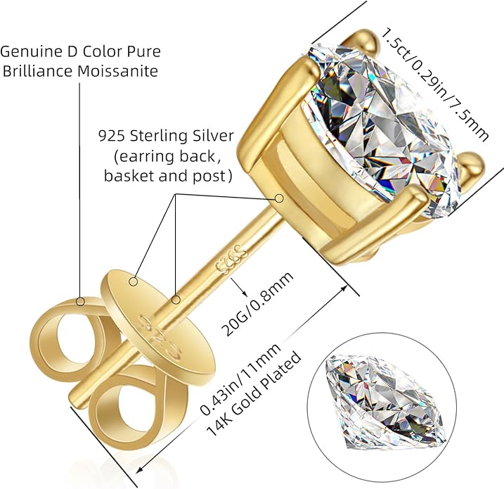 Moissanite Stud Earrings GRA 925 Sterling Silver Earrings for Men 18K White Gold Plating Earrings for Women,wedding earrings(0.3Ct-4Ct)