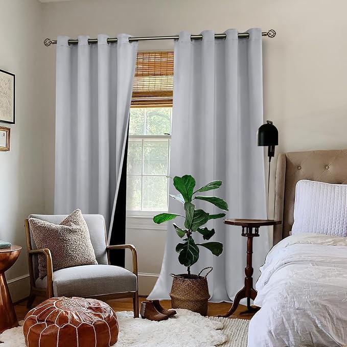 BGment 100% Blackout Curtains 108 Inch Long 2 Panles Set, Thermal Insulated Total Light Locking Soundproof Grommet Curtains & Drapes for Living Room with Black Liner, 52 Inch Wide Each, Light Grey