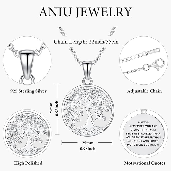 Aniu Tree of Life Necklace for Women, 925 Sterling Silver Mother of Pearl Family Palm Tree Charm Pendant Jewelry for Birthday Christmas Gift