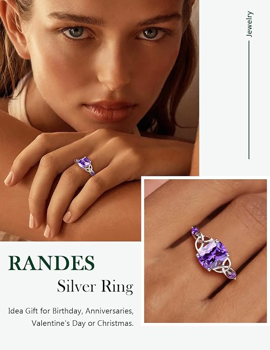 925 Sterling Silver Birthstone Rings for Women Cushion Cut Engagement Celtic Knot Ring Irish Jewelry Created Gemstone Anniversary Rings Size 6-10(with Box)
