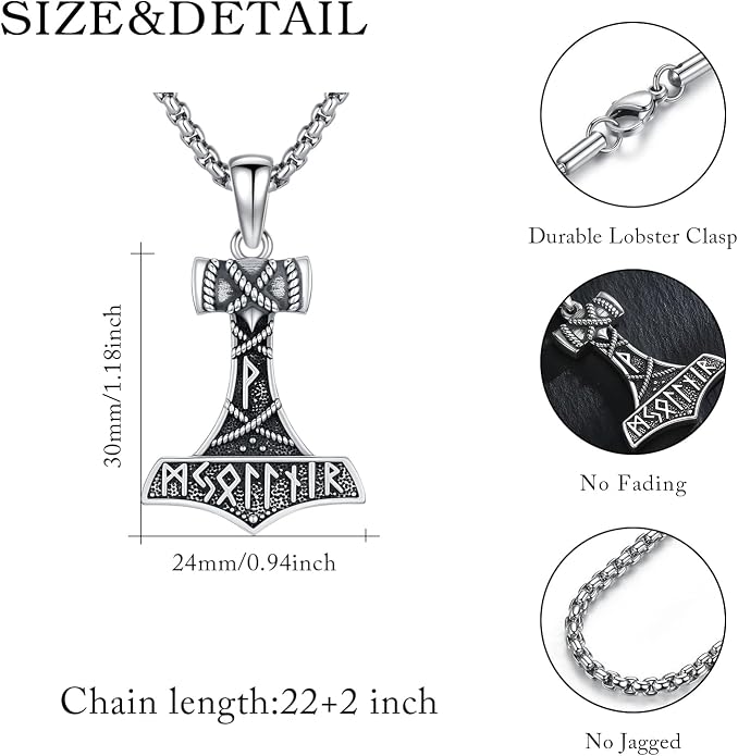 Viking Necklace for Men 925 Sterling Silver Norse Mythology Talisman Jewelry Gifts with 22"+2" Rolo Chain