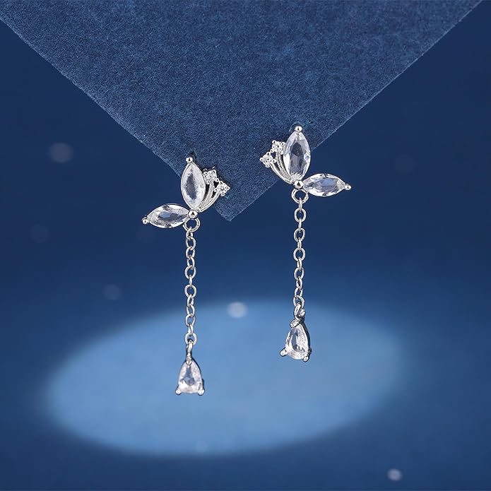 925 Sterling Silver Tassel Chain Dangle Earrings for Women Sparkling Long Fringe Dangle Drop Earrings Bling Line Minimalist Wedding Studs Earring Jewelry Birthday Christmas Gifts for Her