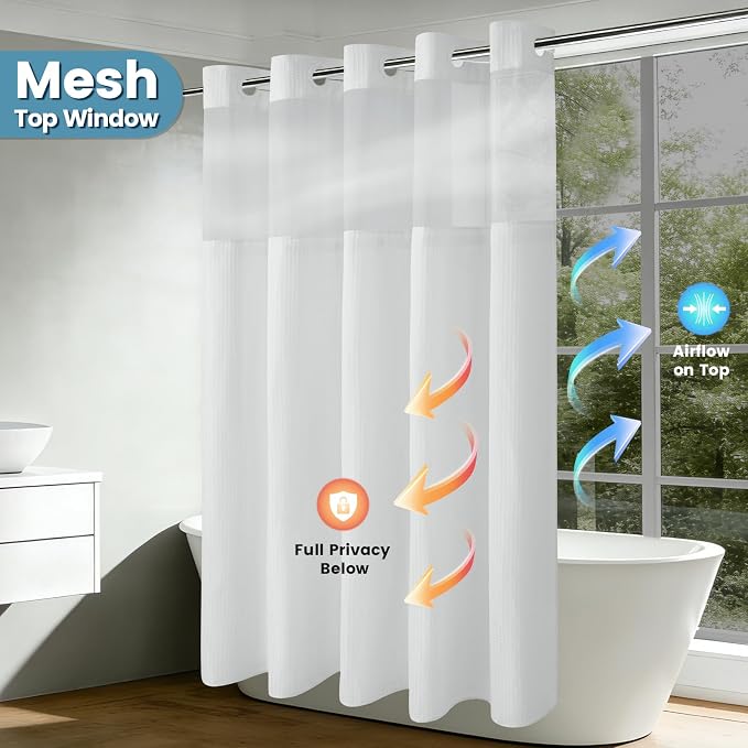 EUTXL Heavyweight Stall No Hook Shower Curtain with Snap in Liner,256GSM Waffle Weave Shower Curtains for Bathroom,36W x 74H,White