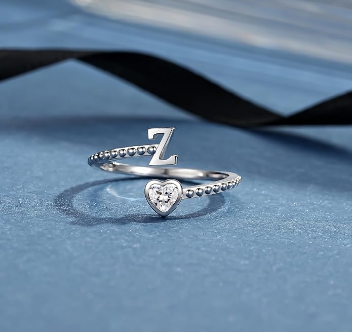 Step Forward 925 Sterling Silver Adjustable Initial Ring for Women | Non Tarnish Letter Rings for Lady | Alphabet Heart Thumb Rings | Capital Letter Jewelry Gifts