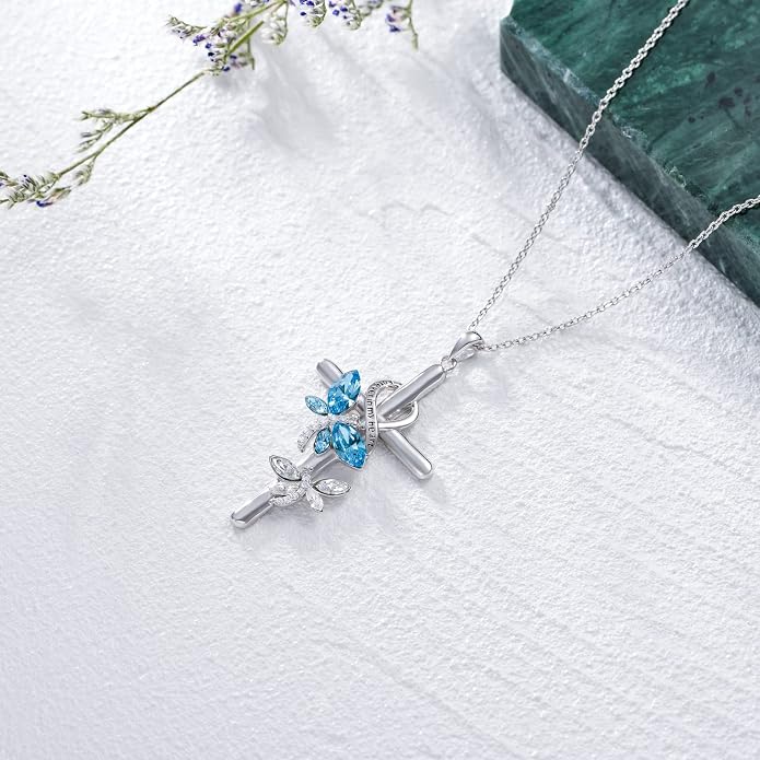 Cross Necklace for Women 925 Sterling Silver I Love You Necklace Religious Jewelry with Gift Box for Mother Daughter