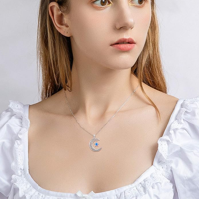 TRISHULA Moon Star Necklace, 925 Sterling Silver Crescent Moon Sun Pendant with Moonstone Crescent Jewelry Gift for Her Sister Birthday Christmas