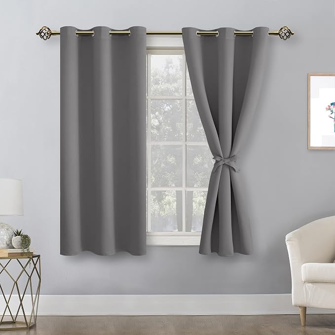 Hiasan Short Blackout Curtains for Bedroom - Thermal Insulated & Light Blocking Window Curtains for Living Room, 2 Drape Panels Sewn with Tiebacks, Light Grey, 42 x 45 Inch