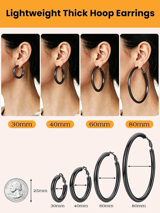 Bestyle 5mm Thick Gold Hoop Earrings Hypoallergenic Hoops for Sensitive Ears Trendy Lightweight Chunky Earrings for Women 30/40/60/80mm