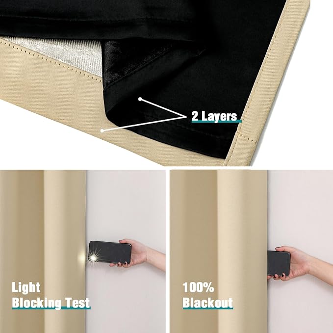 ChrisDowa 100% Blackout Curtains for Bedroom 84 Inches Long 2 Panels Set | 2 Thick Layers, Thermal Insulated, Light Blocking, Grommet, Window Treatment, Living Room Drapes, Beige, 52 x 84 Inch
