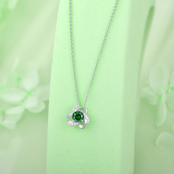 18K Gold Plated Love Knot Necklace for Women, 925 Sterling Silver Round cut Birthstone Pendant Necklace With Chain Lucky Flower Jewelry Gift