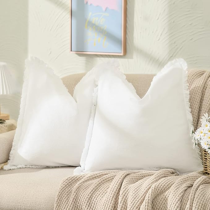 ZWJD Pillow Covers 20x20 Set of 2 Cream Throw Pillow Covers with Fringe Chic Cotton Decorative Pillows Square Cushion Covers for Sofa Couch Bed Living Room Farmhouse Boho Decor