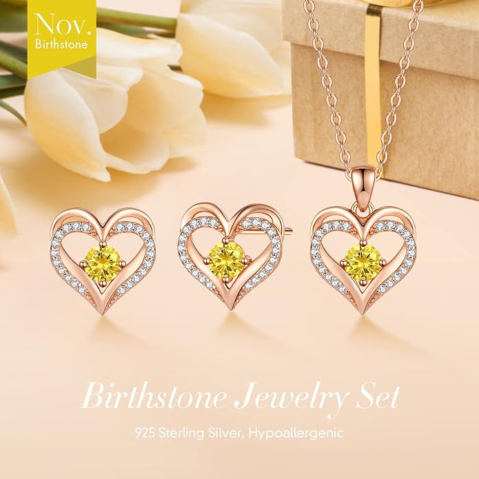 CDE Jewelry Sets for Women Love Heart Pendant Necklaces Earrings, 925 Sterling Silver with Birthstone Zirconia, Birthday Jewelry Gift for Wife Girlfriend Her