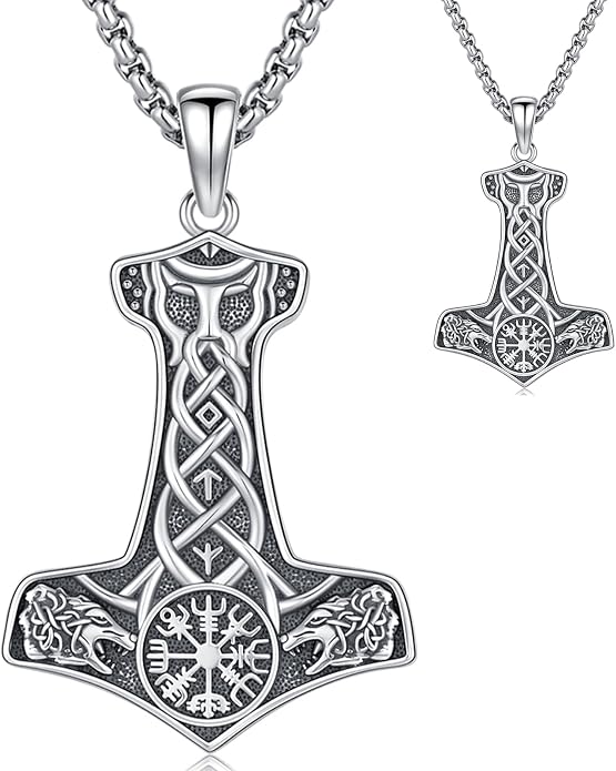 Viking Thor's Hammer Necklace for Men Women, S925 Sterling Silver Vintage Norse Talisman Mjolnir Necklace Amulet Pendant Jewelry Gifts with Sturdy Box Chain