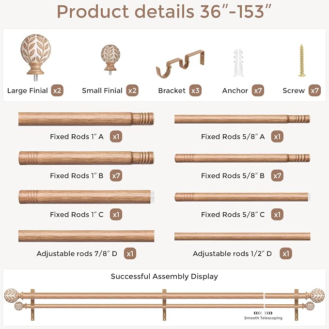 Boho Decorative Double Curtain Rod, 36-153 Inch, White Wood | Handmade Wood Grain Leaf Finials, Heavy Duty Adjustable Exrta Long Rustic Metal Dual Rods, 40 lb Capacity, Easy to Install