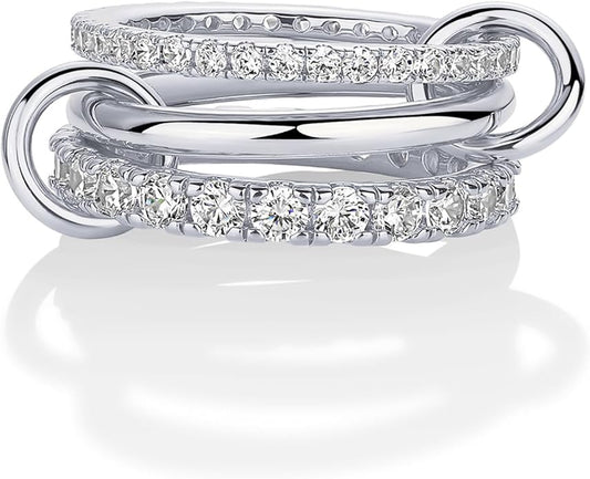 PAVOI 14K Gold Plated Interlocking Ring for Women - Chunky Connected Bands Interlock Stackable Rings for Women - Trendy Cubic Zirconia Two Tone Interlocked Multi-Band Statement Jewelry