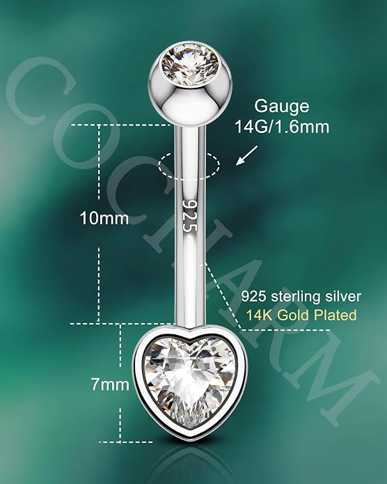 COCHARM 14K Gold Plated 925 Sterling Silver Belly Button Ring - Dainty Heart Navel Piercing Jewelry for Women