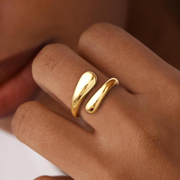 Non Tarnish Gold Chunky Rings for Women, 14K Gold Plated Statement Dome Rings Stacking Silver, Adjustable Mens Eternity Wedding Band Mixed Metal Jewelry Size 3-13