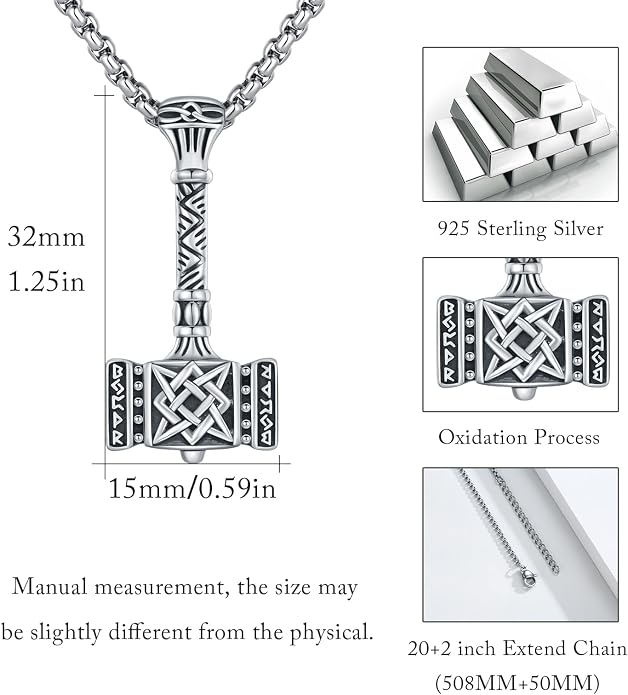 CUOKA MIRACLE Thor Hammer Necklace 925 Sterling Silver Norse Mjolnir Hammer Necklace Vintage Rune Amulet Viking Necklace Jewelry Viking Gift for Women Men