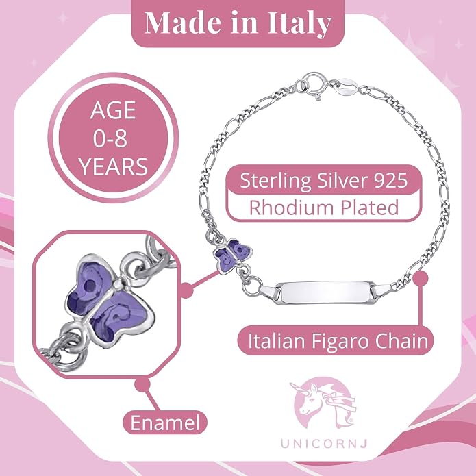 UNICORNJ 925 Italy Sterling Silver Child or Baby Name Bracelet Girls Boys, Personalized Engraved Kids ID Bracelets, 6.5" Figaro Chain, Enamel Charm Newborn Infant Toddler Kid Jewelry