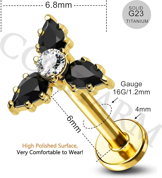 Cocharm G23 Titanium 16g Flat Back Helix Tragus Earring Stud - Gold Black Triple Floewr Threadless Cartilage Piercing Jewelry