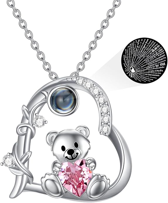 PELOVNY Teddy Bear Necklace for Women 925 Sterling Silver Bear/Highland Cow/Fox/Cat/Axolotl Birthstone Necklace Christmas Birthday Jewelry Gifts for Mom Daughter Wife Sister