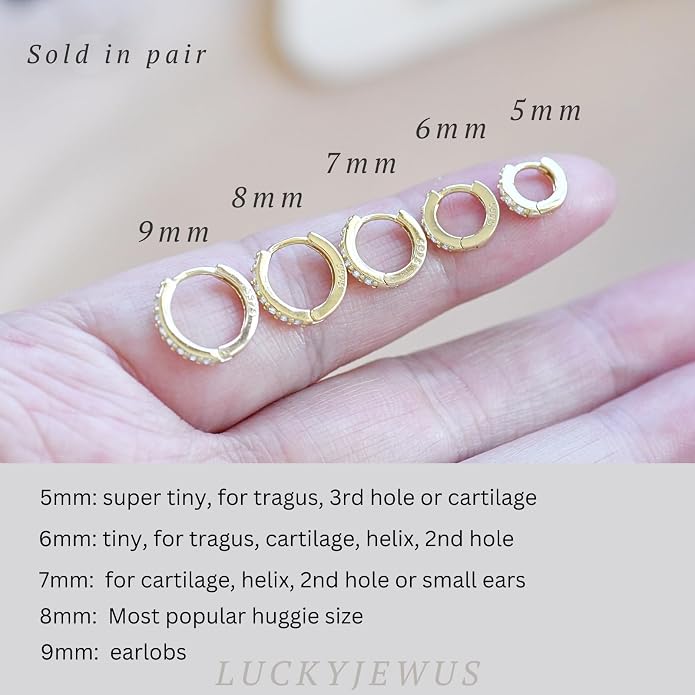 925 Sterling Silver Small Hoop Earrings for Women,14K Gold Plated Tiny Huggie Earrings for Cartilage, Helix, Tragus, Dainty Lightweight Hypoallergenic Mini Hoops,5mm/6mm/7mm/8mm/9mm