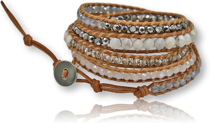 MGR MY GEMS ROCK! 35-Inch Long Multi-Layer Hand Crafted Gemstone and Crystal Multi-Stone Beaded on Genuine Leather Boho Style Stackable Super Wrap Bracelet, up to 5 Wraps.