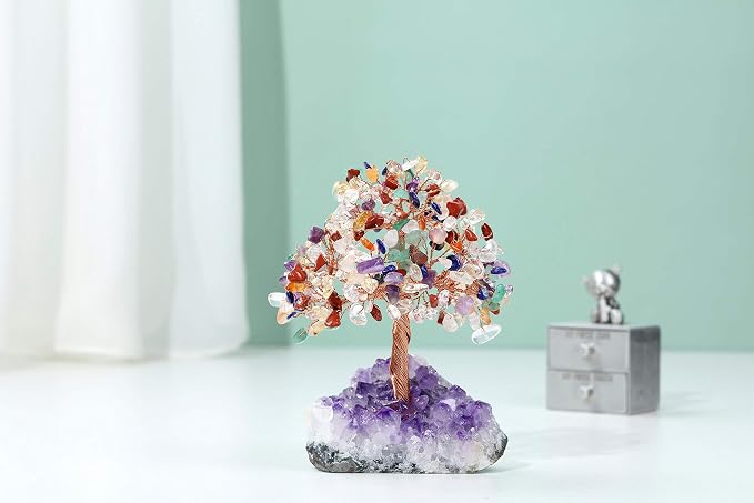 Jovivi Natural 7 Chakra Gemstone Healing Crystal Money Tree on Amethyst Cluster Geode Druzy Base Feng Shui Crystals for Home Office Desk Decorations, Wealth,Good Luck
