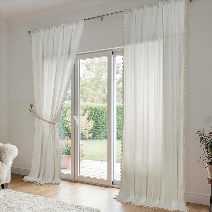 ColorBird White Boho Curtains Linen-Textured for Living Room Bedroom Light Filtering 84 Inches Farmhouse Whimsical Embroidered Striped Curtains & Drapes Window Treatment for Nursery Dining