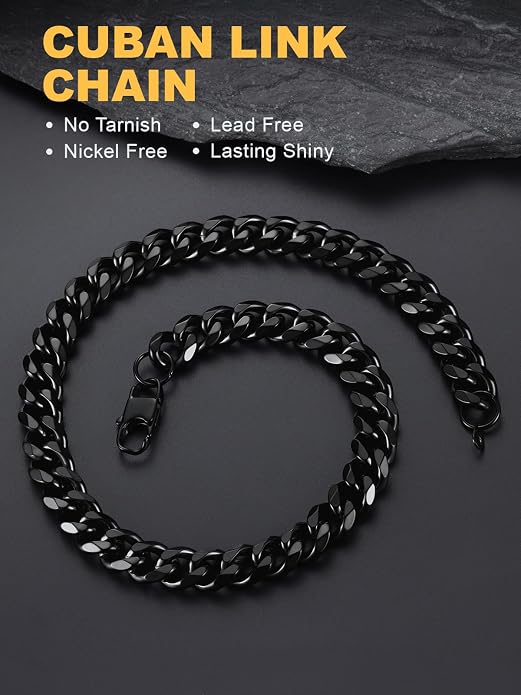 U7 Cuban Link Chain Necklace, Stainless Steel/Black/Gold Plated Chunky Curb Chain Necklace for Men Women, 14-30 Inches, 3/6/9/12 mm Width