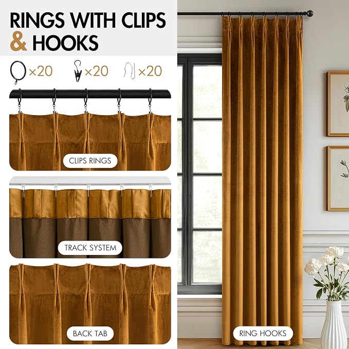 MIULEE Velvet Pinch Pleated Blackout Curtains 90 inches Long, Gold Brown Pleat Design Thermal Insulated Luxury Window Drapes for Living Room Bedroom with Hooks, Set of 2