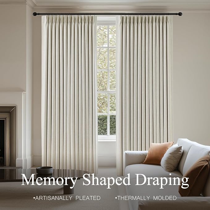 Pinch Pleated Curtains 100% Blackout Linen Curtains 96 Inches Long for Bedroom Living Room, Natural Memory Trained Thermal Insulated Room Darkening Window Drapes with Hooks 2 Panels 40"Wx96"L
