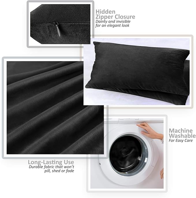 Nestl Throw Pillow Covers, Cozy Velvet Decorative Pillow Covers 12 x 20 Inches, Soft Solid Couch Pillow Covers for Sofa, Bed and Car, Set of 2 - Black