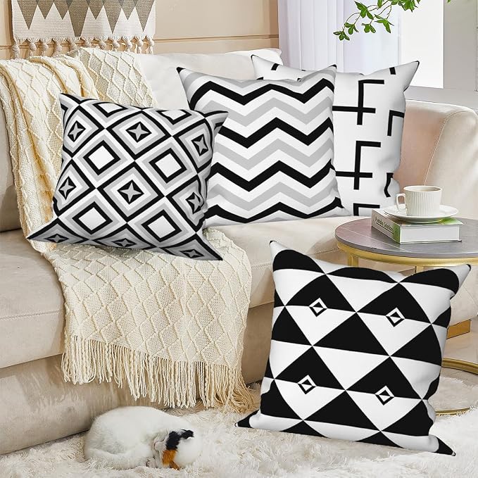 Black White Throw Pillow Cover 22"x22" Set of 4, Modern Minimalist Geometric Irregular Stripes Cushion Cover for Sofa Chair Couch Bed Office Garden Patio Farmhouse Indoor Outdoor