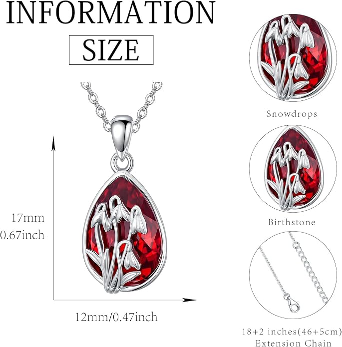 925 Sterling Silver Birth Flower Necklace with Teardrop Shaped Birthstone - 12 Colors, 12 Kinds of Flower - Ideal Birthday Jewelry Gift for Women, Mothers, Daughters & Wives