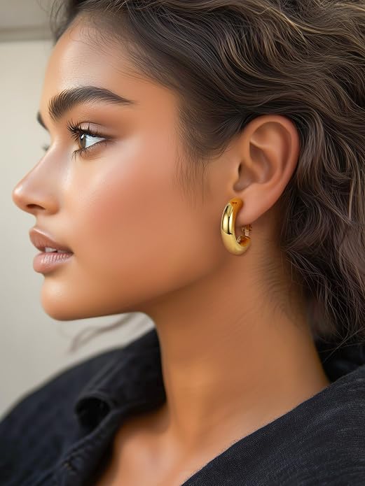 Stainless Steel Chunky Hoop Earrings For Women, Minimalist and Chic, Black/Gold Plated, Round Hoops Earrings Hypoallergenic, Size: 30mm/40mm/60mm/80mm, Come with Box