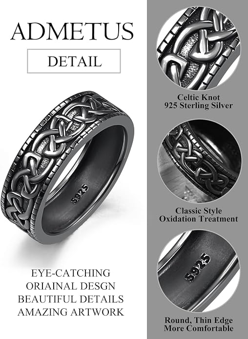 ADMETUS 925 Sterling Silver Celtic Knot Ring Wedding Band Rings for Men Celtic Jewelry Gifts for Men Rings Size 5-15