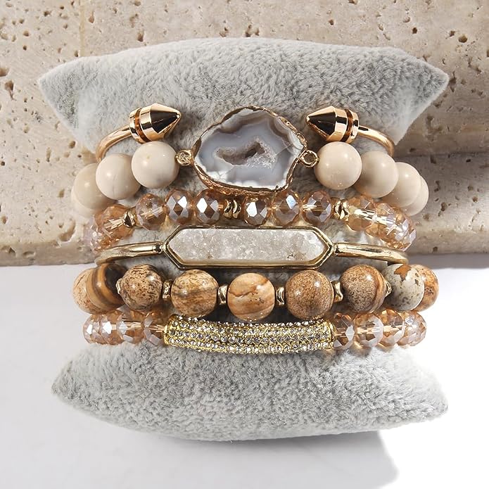Yomisa 5PCS 6PCS Natural Boho Beaded Bracelets/Bangle for Women Men,Healing Turquoise Jasper Agate Crystal Gemstone Stone Chakra Multilayer Wrap Bohemian Handmade Jewelry Beads Stretch Bracelet Set