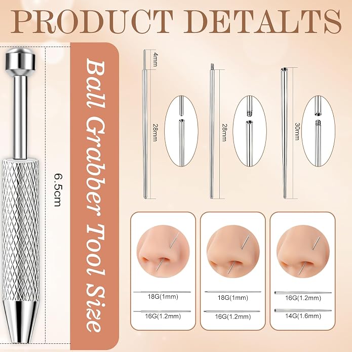 ONESING 2Pcs Piercing Ball Grabber Tool for Changing Jewelry, Stianless Steel Flat Back Earring Applicator Internally Threaded Push Pin Piercing Grabber Tool, Anti Slip 4 Claw Gem Ball Grabber Tool